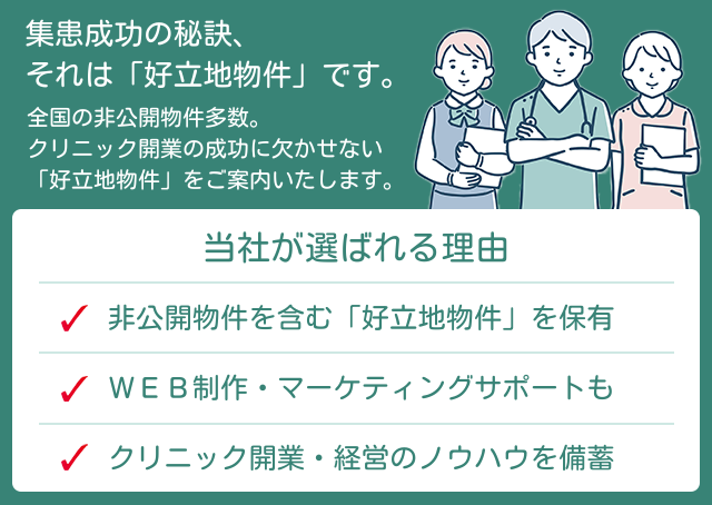 大型商業施設や非公開物件中心とした豊富な開業実績医師の好立地物件に特化した医院開業コンサルティングサービス
